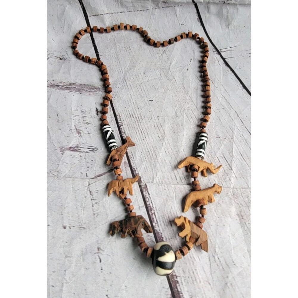 Tribal Safari Hand Carved Wooden Animals Bead Necklace 13in Drop Boho Style